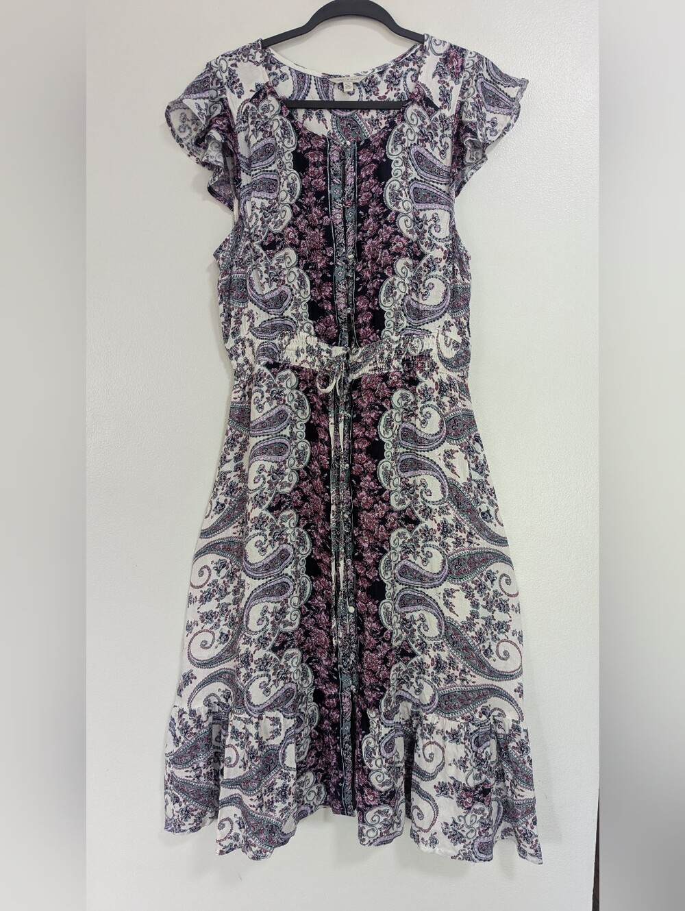 Lucky Brand Size Large White Purple Boho Paisley Floral Button Front Midi Dres